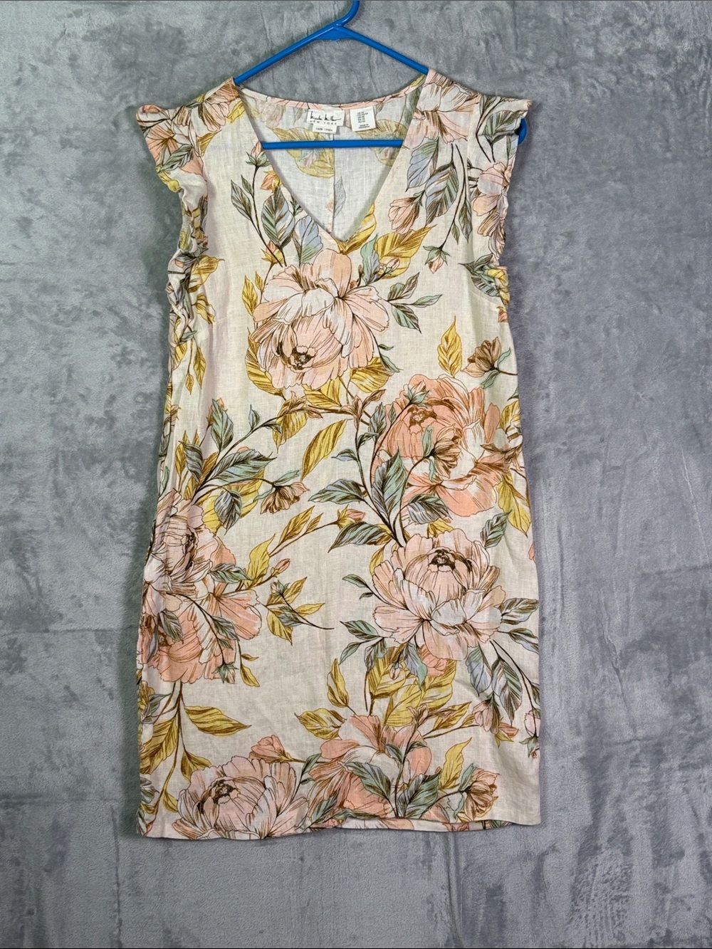 Nicole Miller Floral 100% Linen Flutter Sleeve Dress Size XS